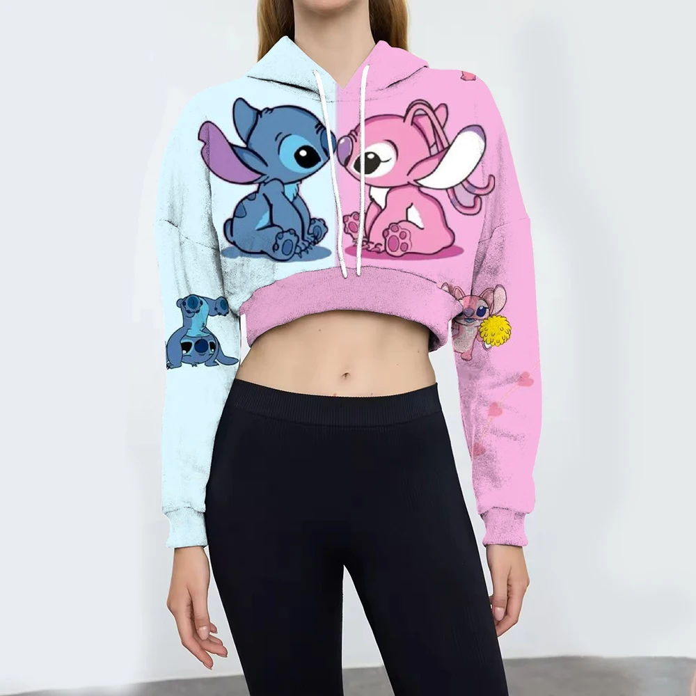 Miniso 2024 New Disney Stitch Hooded Funny Anime Autum Women Sweatshirt Fashion 3D Print Belly-revealing short Pullover Hoodies