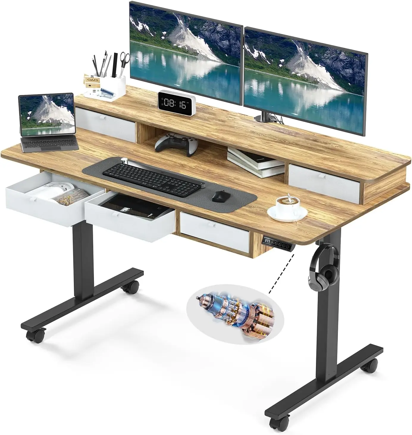 Standing Desk with 5Drawers, Electric Height Adjustable Desk 55 Inches Stand Up Desk, Ergonomic Desk with Storage Larger Desktop