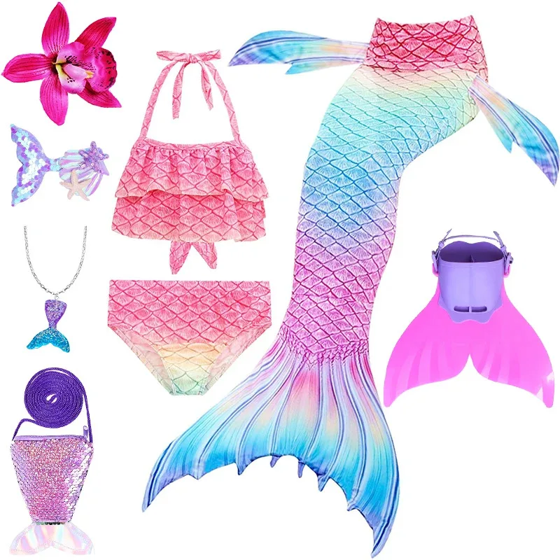 

3Piece/Set Rainbow Princess Mermaid Swimsuit for Girls Summer Children Beach Vacation Swimming Pool Swim Fishtail Split Swimwear