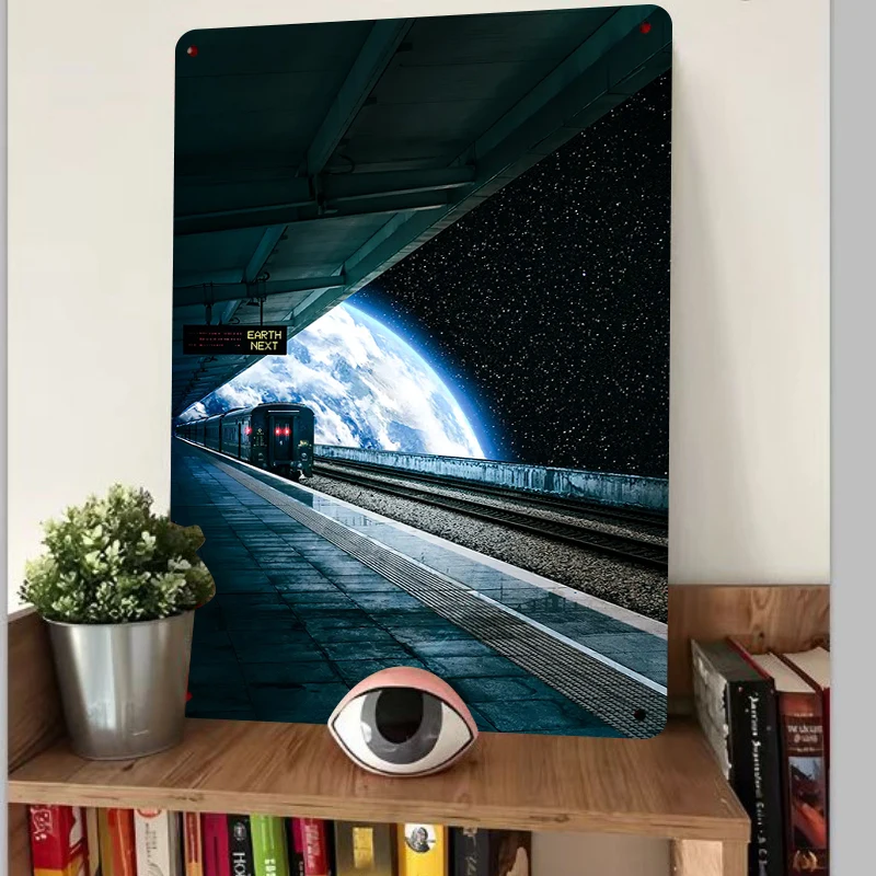 Interstellar Train Platform Metal Wall Art Creative Universe Earth Scenery Home Decor Hanging Painting
