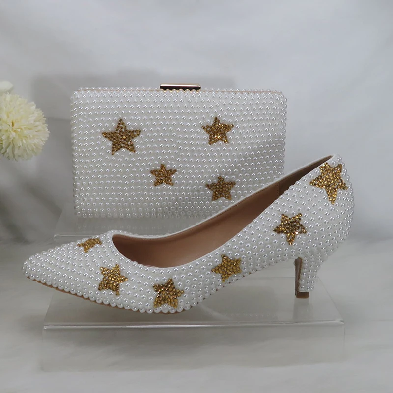 

BaoYaFang White Pearl Women Bridal Wedding Shoes With Matching Bag Bride Pointed Toe Party Shoes and purse for Woman High Pumps