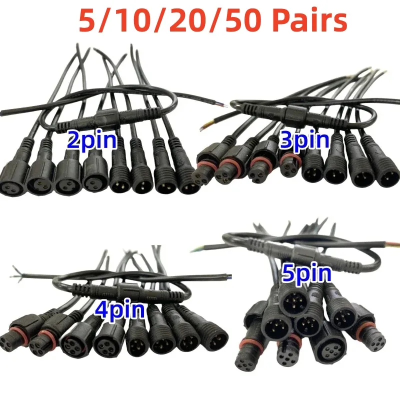 

5/10/20/50 Pairs Male To Female 40cm Length Waterproof Cable 2pin 3pin 4pin 5pin Led Connector Black Wire for LED Strip Light WP