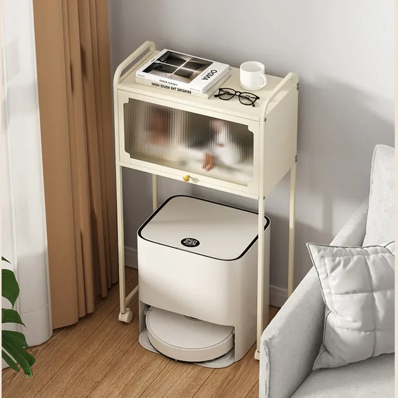 Innovative Sweeping Robot Storage Shelf Mounted on Trash Can Cabinet Mobile White Living Room Organizer with Wheels