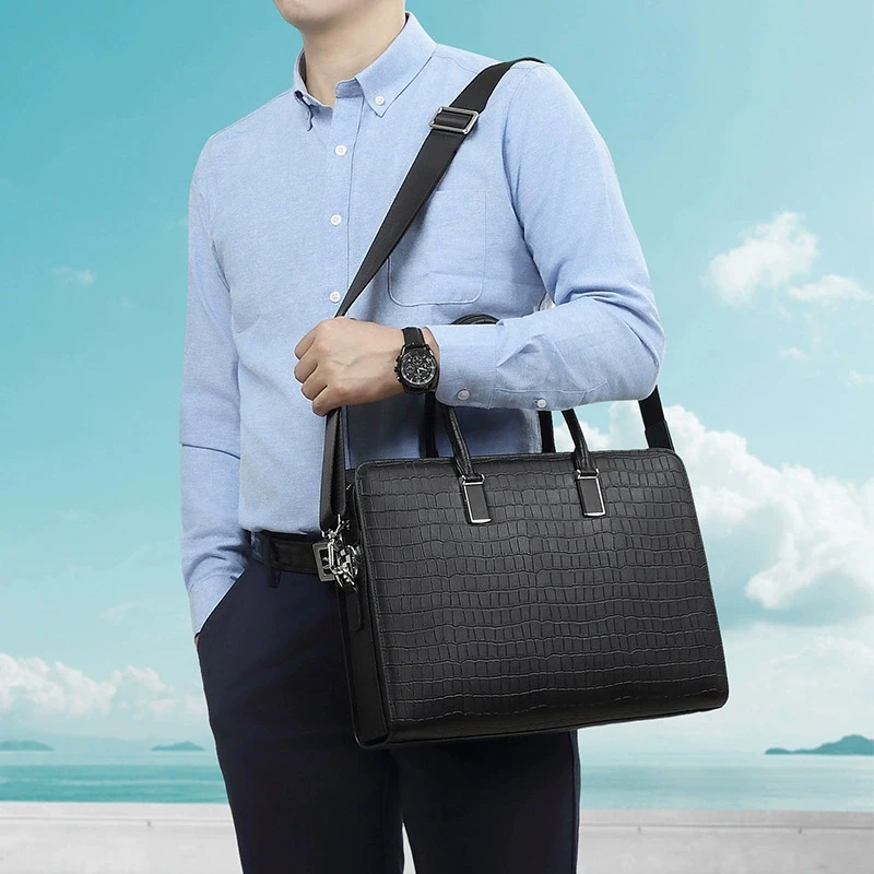 

Genuine Leather Briefcase for Man Top Layer Cowhide Luxury Vintage Advanced Laptop Handbag Tote Shoulder Business Portable Bag