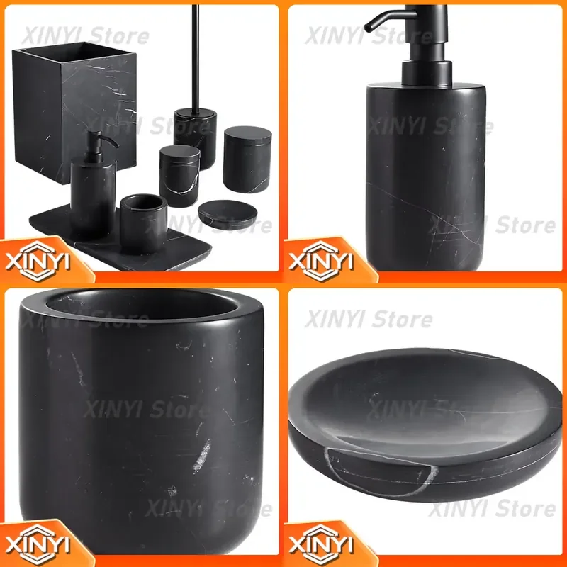 Luxury Custom 5 Star Hotel Natural Gray Black Marble Stone Bathroom Accessories Set for Resin Home Accessories Decor