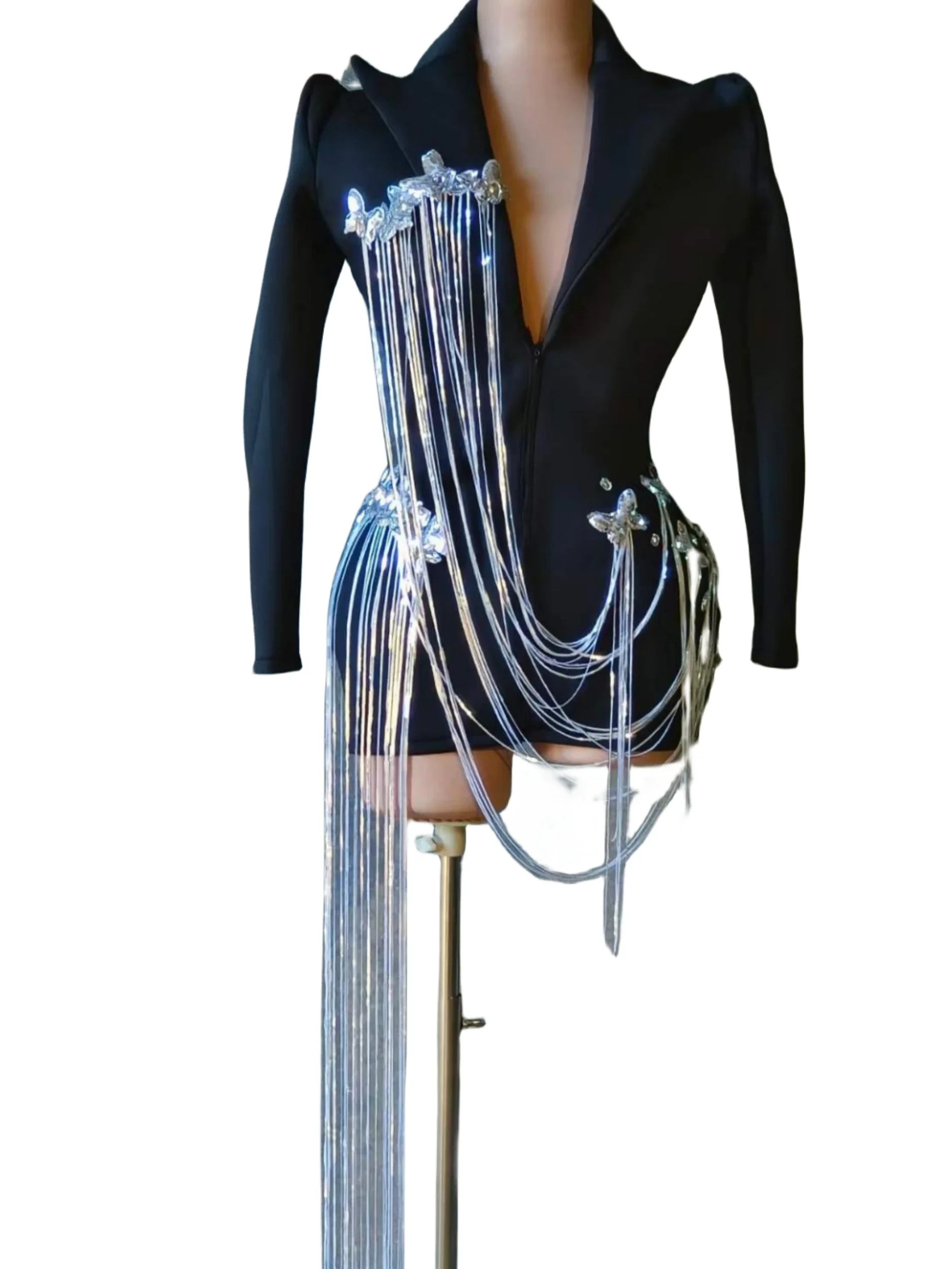 

Sparkly Women Black Design Blazer Fringe Drill Chain Long Sleeve Sequin Butterfly Zipper Closure DJ DS Night Club Stage Wear
