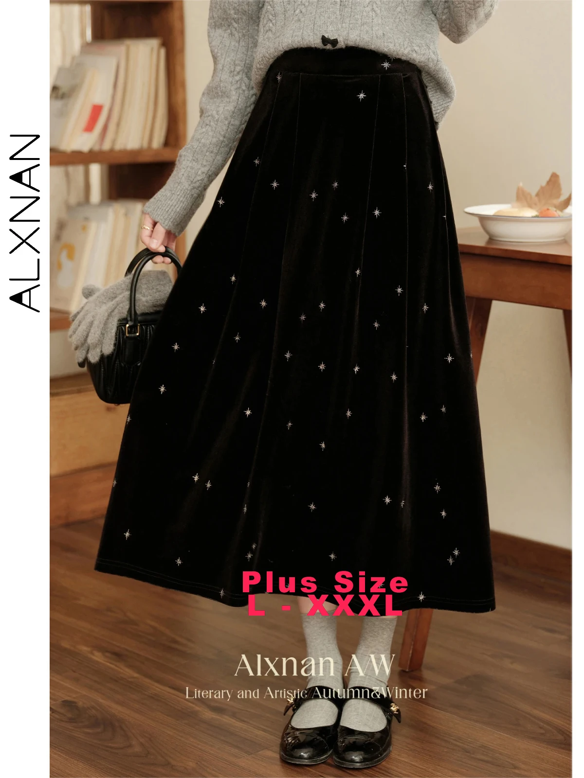 ALXNAN Plus Size Black Velvet Midi Skirt Basics Elastic Waist Star Dot Pleated Long Skirts 2026 Fashion Female Clothing D07795
