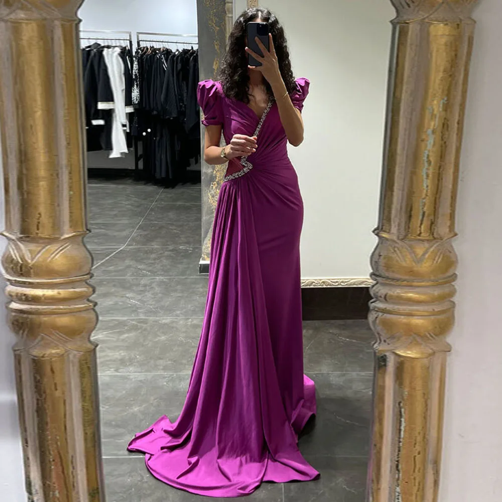 

Purple Satin 2023 Evening Dresses Floor-Length Mermaid Short Puffy Sleeve V Neck Beading Simple Ruche Custom Made Zipper Back