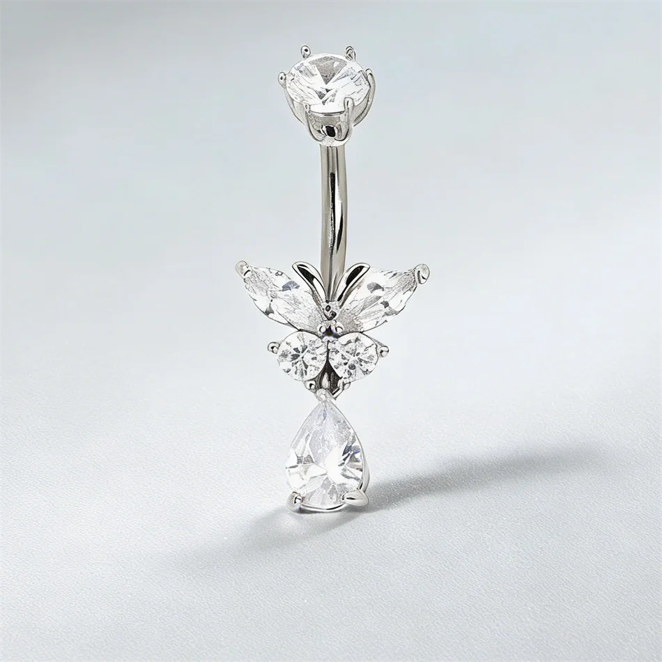 Crystal Butterfly Navel Rings Dangling Water Drop Zircon 14G Titanium Curved Barbell Navel Belly Button Piercing Women Jewelry view 3