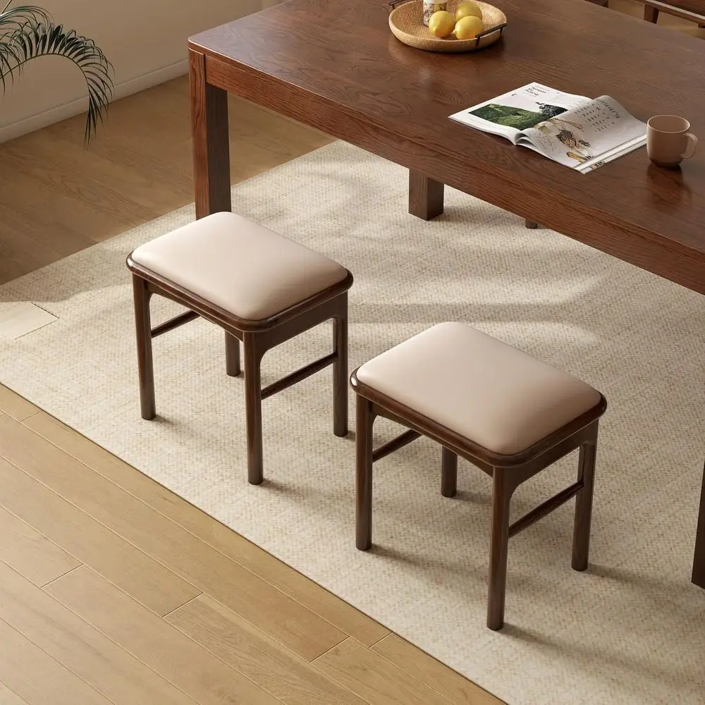 

Walnut Upholstered Stool with Leather Cushion, Set of 2 for Dining and Entryway Use