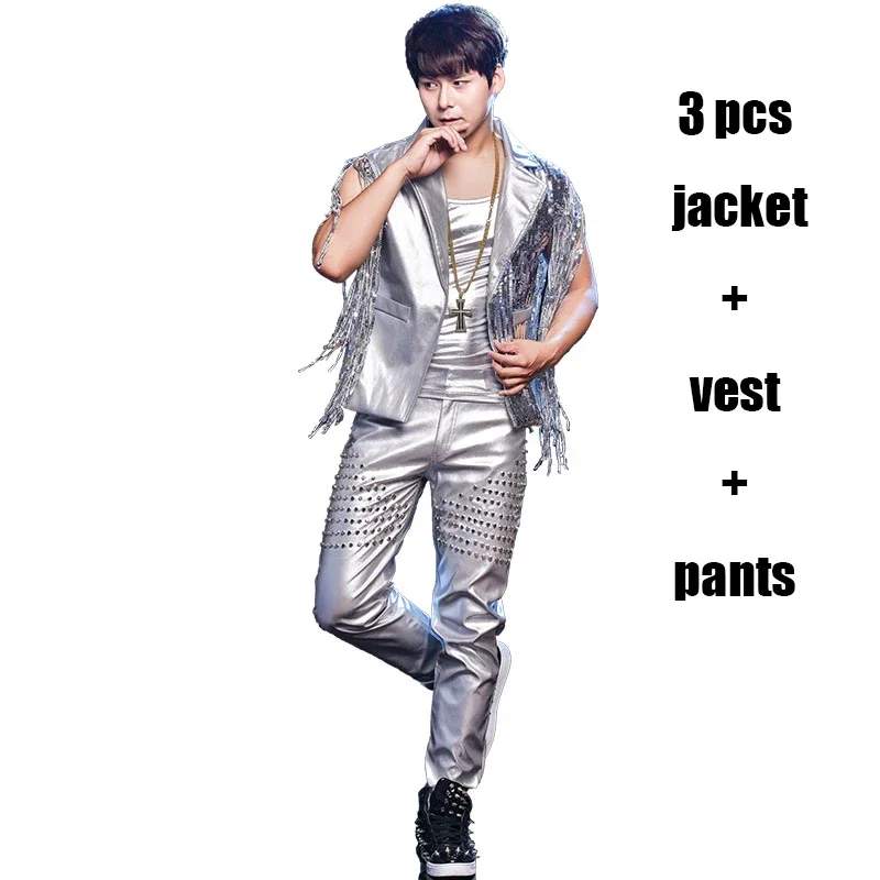 Silver Jazz Dance Costume Sequin Stage Wear For Nightclub Men Singers Tassel DJ DS Hip Hop Gogo Performance Clothing DNV10461