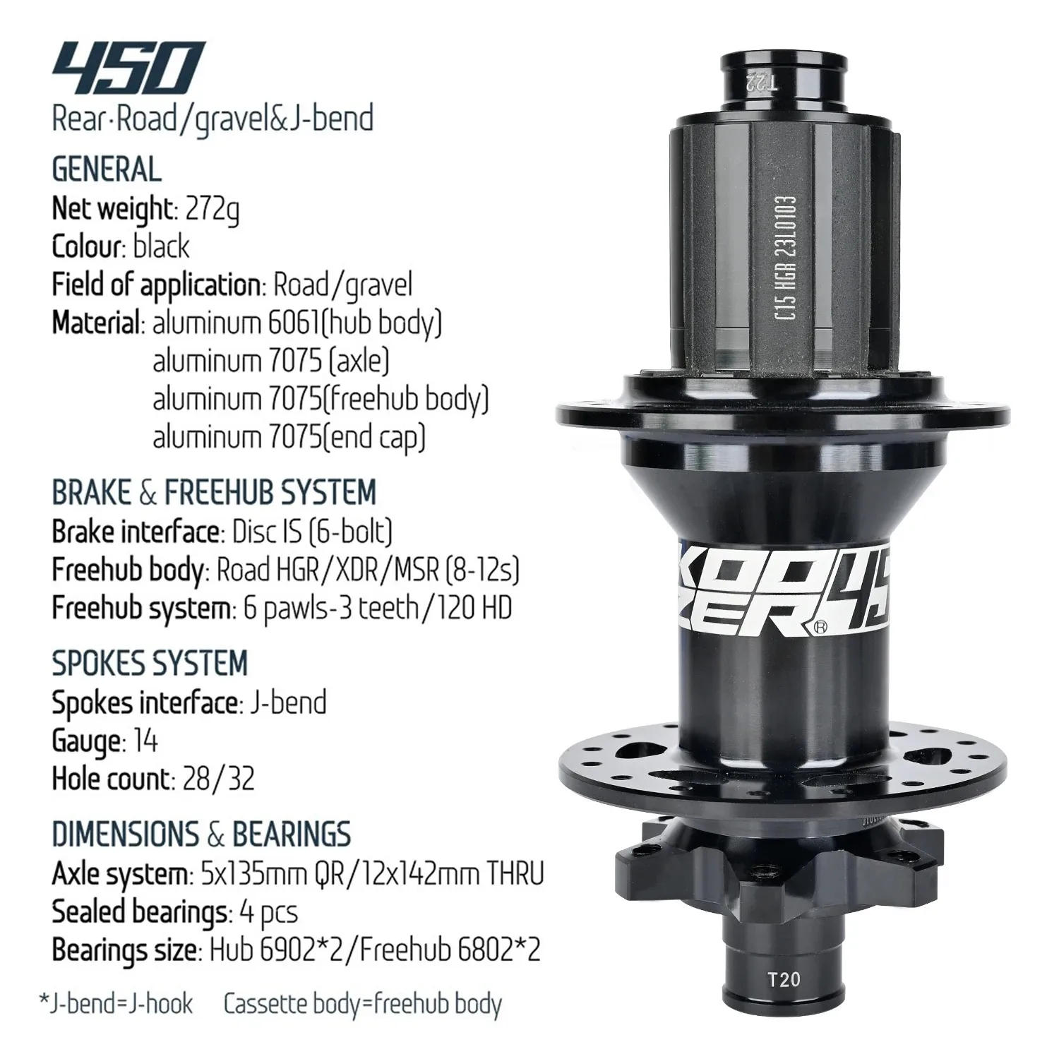 Koozer Newest 450 Road Bike Disc Brake Hub 28/32 Holes 6 Pawl 120HD J-bend Gravel Bearings Bicycle Hubs For HG MS SRAM XD 8-12S
