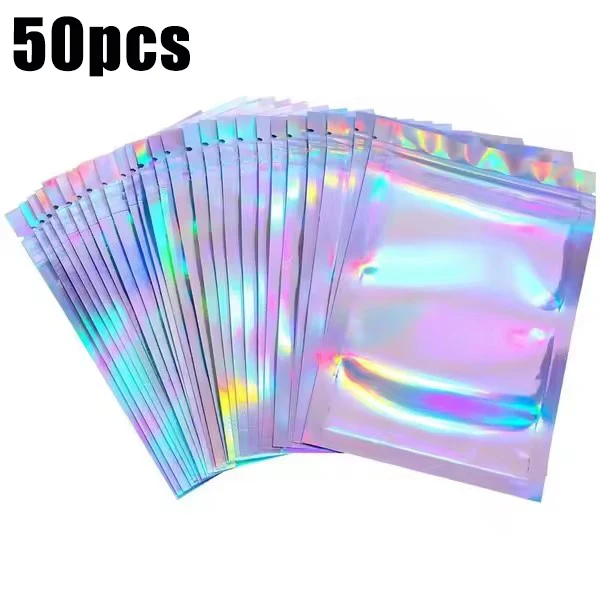 50 stuks iriserende zelfdichtende zakken laserplastic zakjes hersluitbare zip-lock verpakking voor sieraden display retail tassen