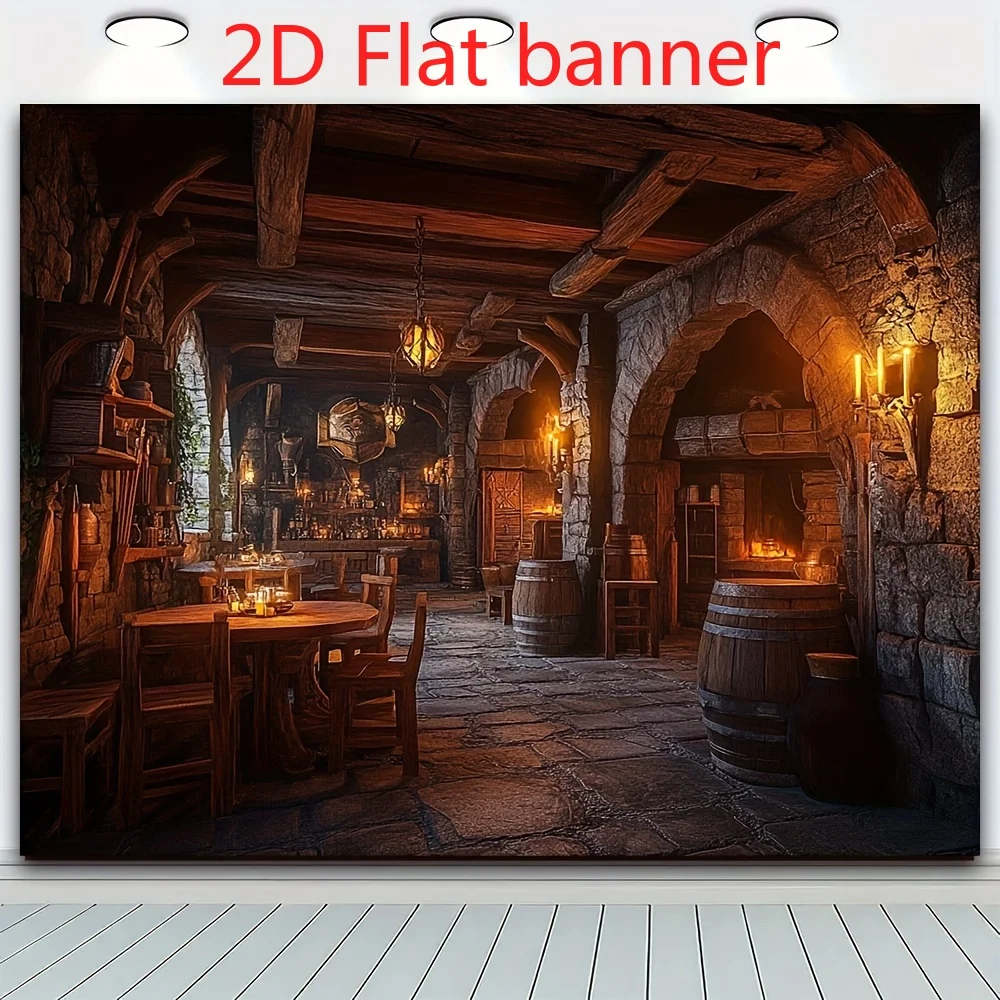 2D Flat,Medieval Tavern Stone Arch Fireplace Tapestry Fantasy RPG Wall Art Man Cave Decor Cozy Dungeon Interior Background Print
