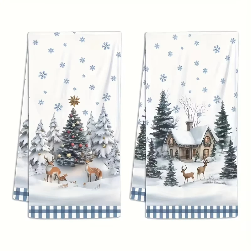 2pcs  Christmas Snow Reindeer & Pine Tree Cleaning Cloths - Scouring Soft Absorbent Reusable for Washing/Drying