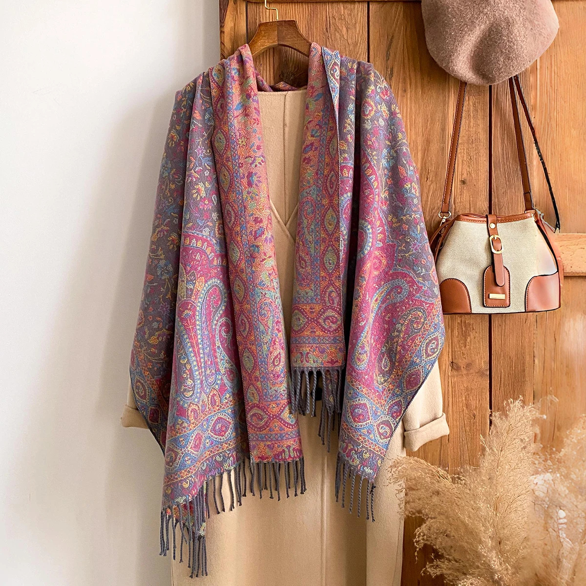 

Brand Fashion Winter Cashmere Shawl for Women - Vintage Oil Painting Printed Floral Tasseled Pashmina Thick Scarf, Wrap & Echarp