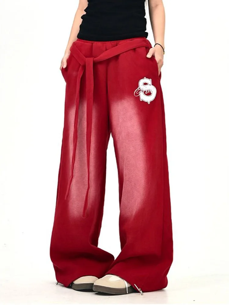 Harajuku Y2K Vintage Belt Pants Women Vintage High Waist Gradient Wide Leg Trousers American Streetwear Letter Bf Gothic Pant