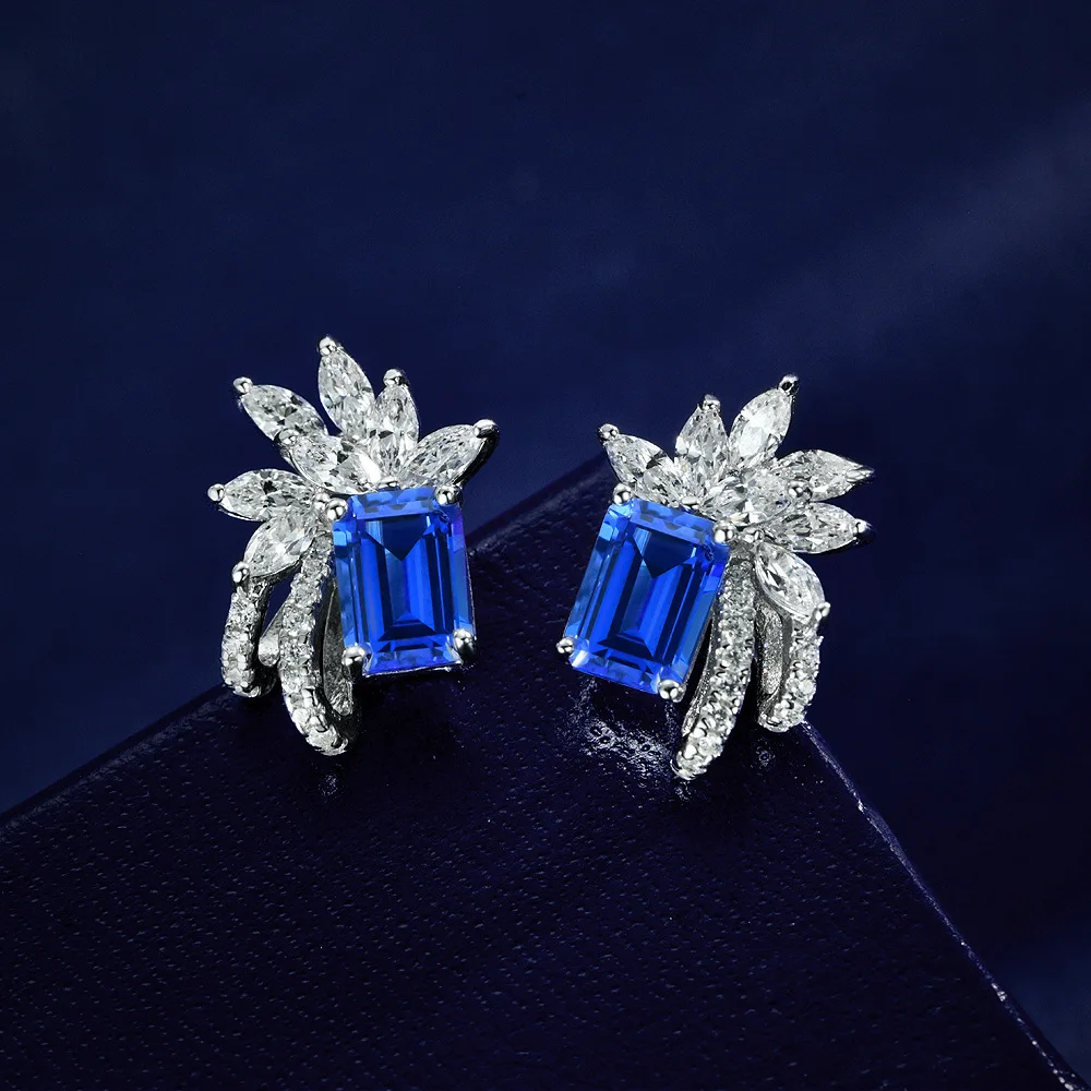 

New S925 silver inlaid 1ct rectangular 5 * 7 cultivated spinel cornflower blue exquisite luxury AB earrings wedding jewelry