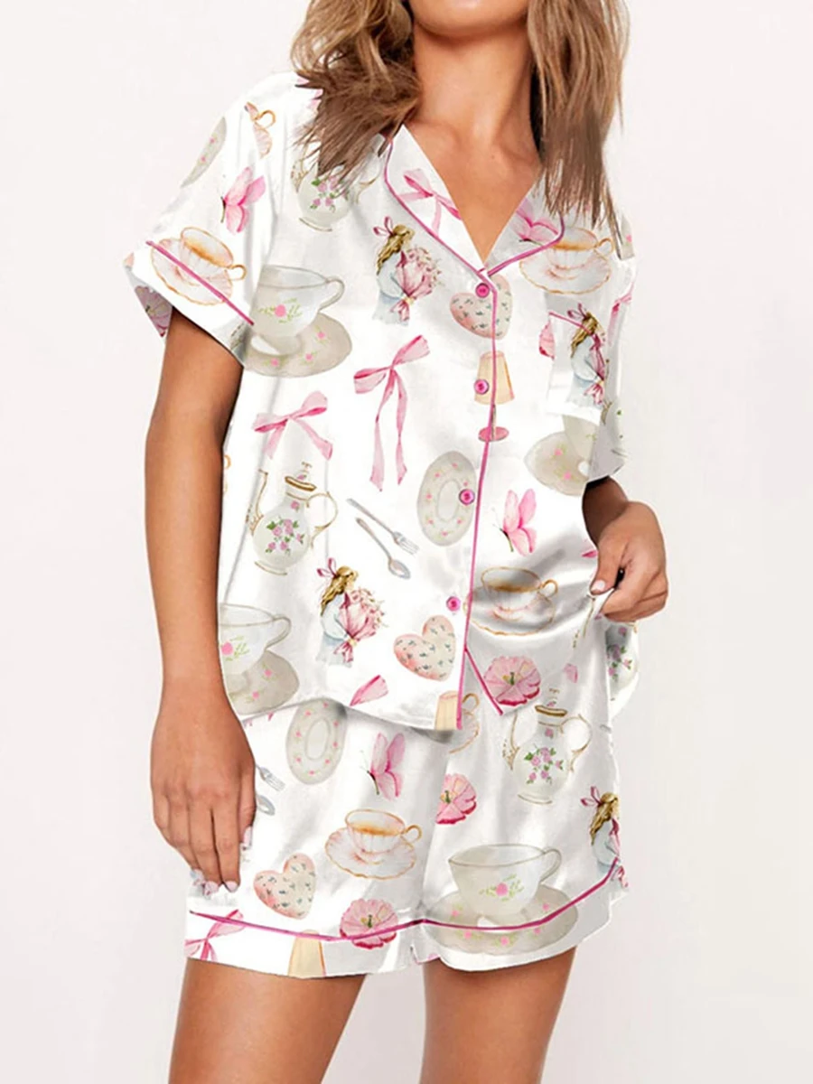 Women\'s Sweet Print Satin Pajama Set Summer Lapel Button Down Short Sleeve Tops + Elastic Waist Shorts 2 Pieces Lounge Sleepwear