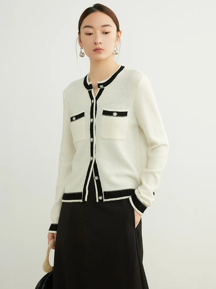 SuyaDream, Elegant Cardigans For Woman, 100%Sheep Wool, Round Neck Black Sweaters, 2024 Fall Winter Jackets, White