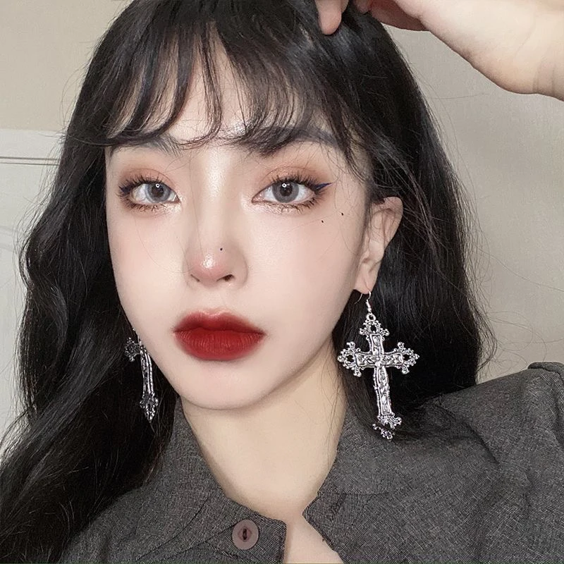 Women's Gothic Flower Large Cross Hoop Earrings