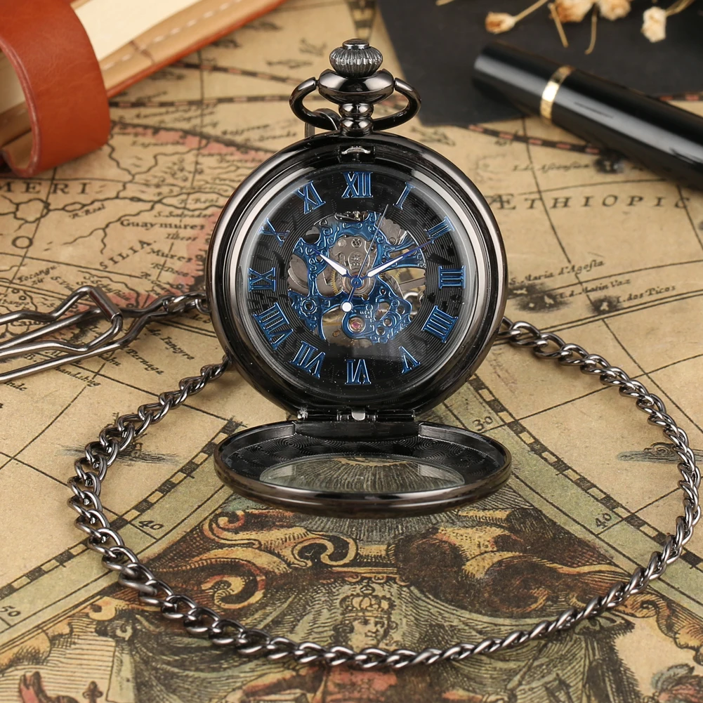 Retro Black Pattern Glass Case Design With Blue Skeleton Dial Mechanical Pocket Watch With Chain Gift To Men Women