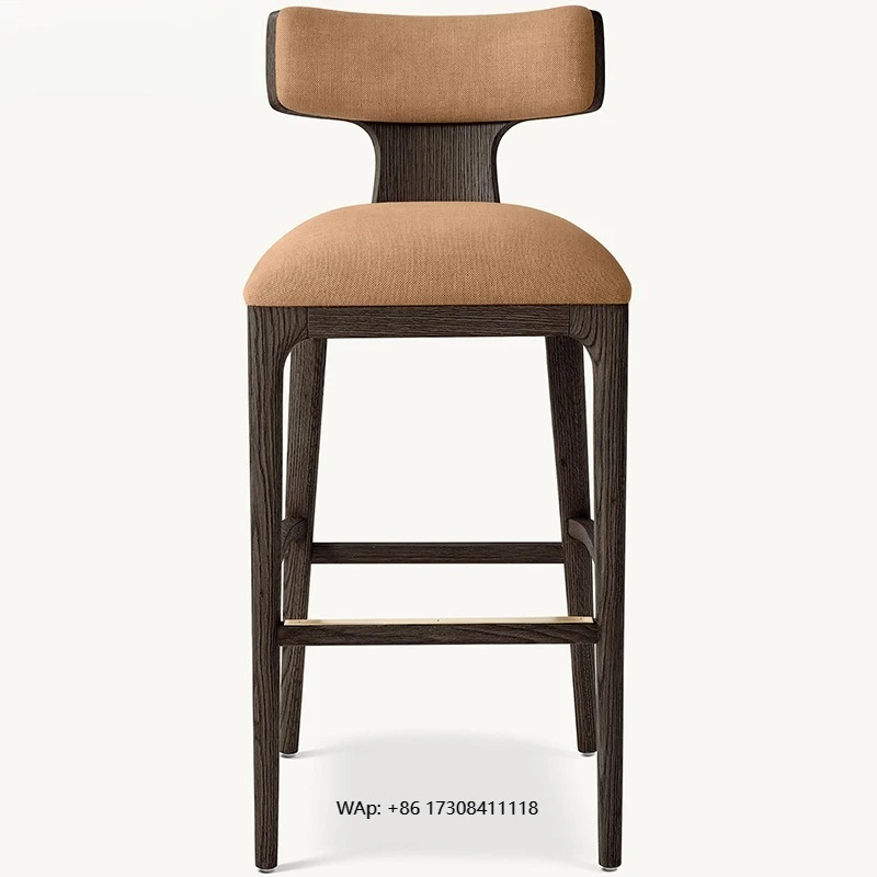 Modern French Antique Solid Wood Bar Chair Cafe Dining & Leisure Chair with Metal Frame for Hotel & Living Room Use