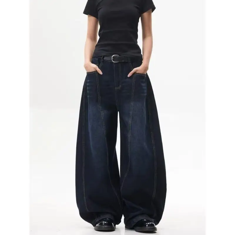 Retro American Embroidered Letter Knife  Jeans Women Loose Casual Trendy Brand Deconstructed Wide Leg Pants High Waist Denim