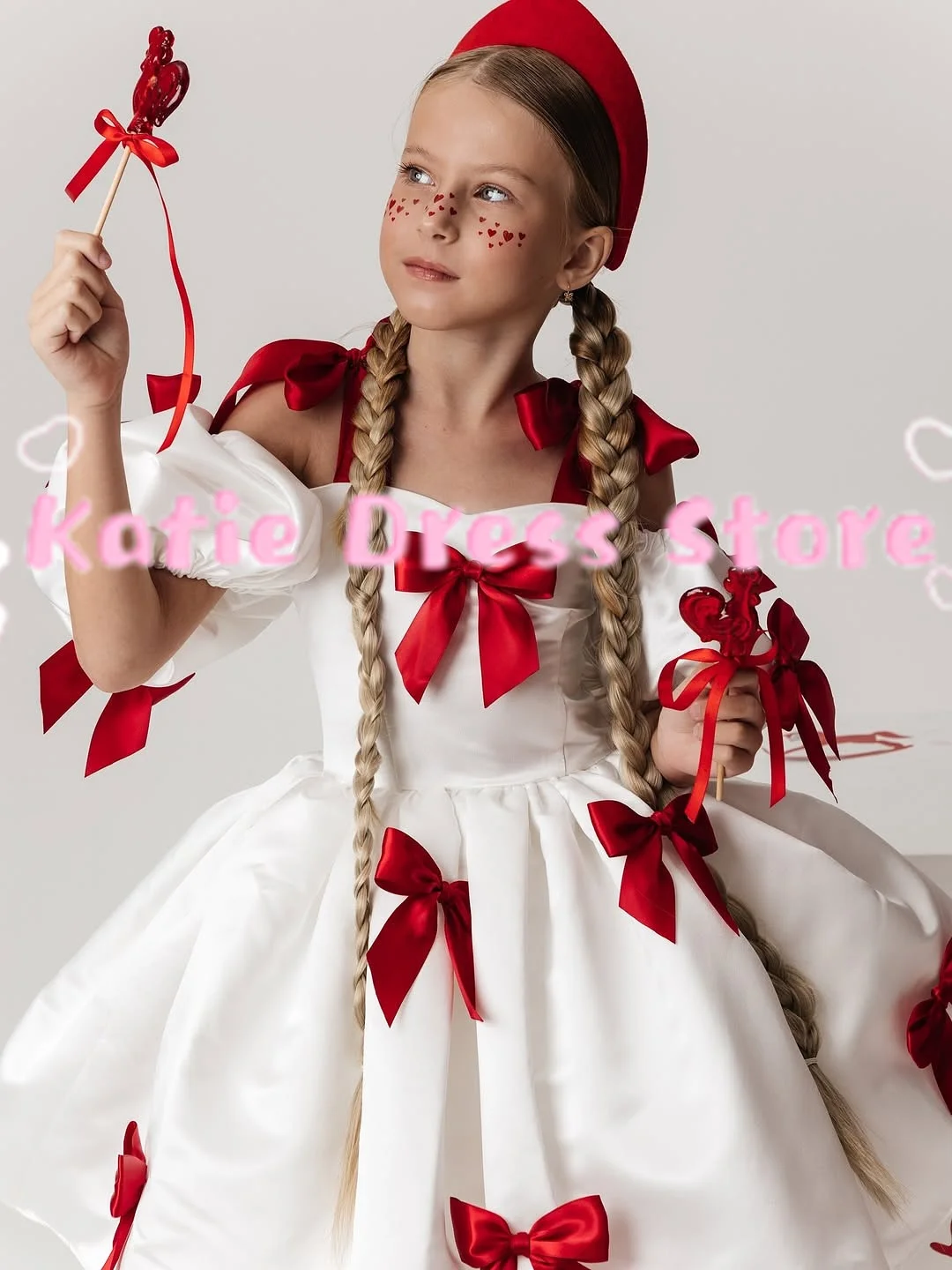 

Индивидуальное Элегантное Белое Атласное Платье для Девочки на Свадьбу с Красными Бантами, Атласное с Красными Бантами, для Детского Дня Рождения, Первого Причастия, Бальные Платья