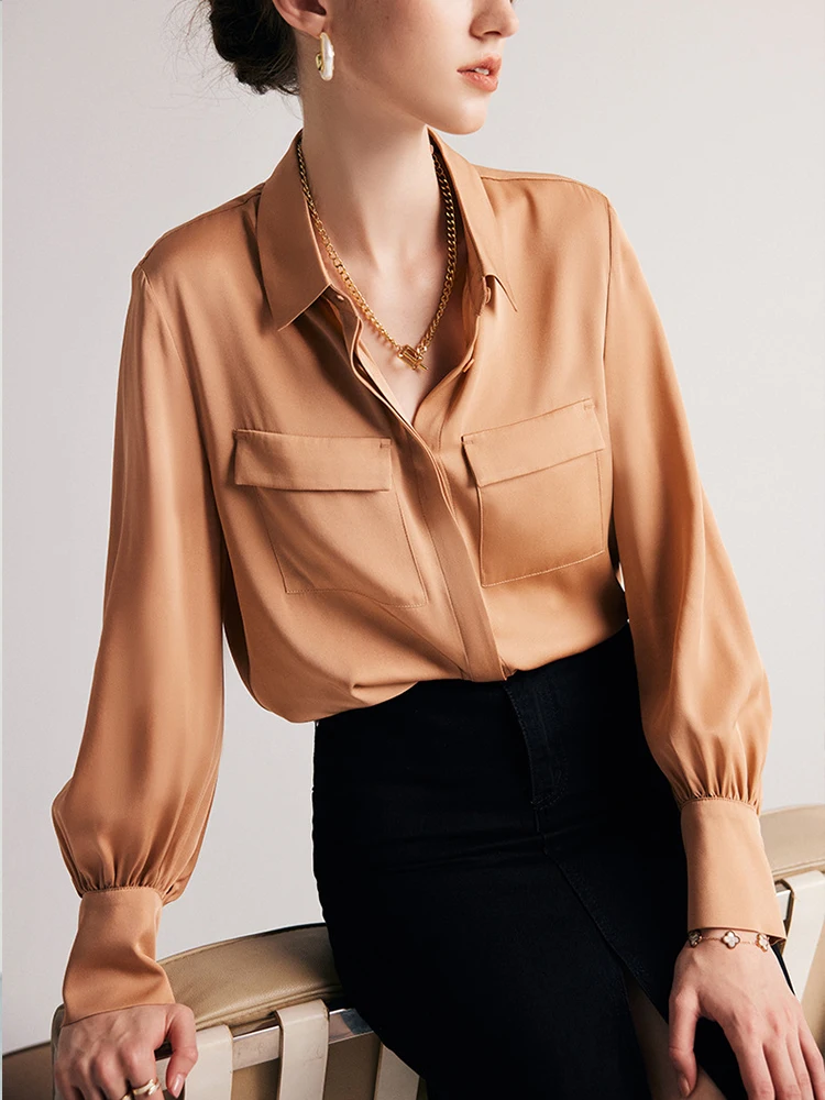 

Ele Silk irt Women's Faionable Inner Wear Spring Summer Straight Cut Long Sve Collar Anti-Uv Busin Casual