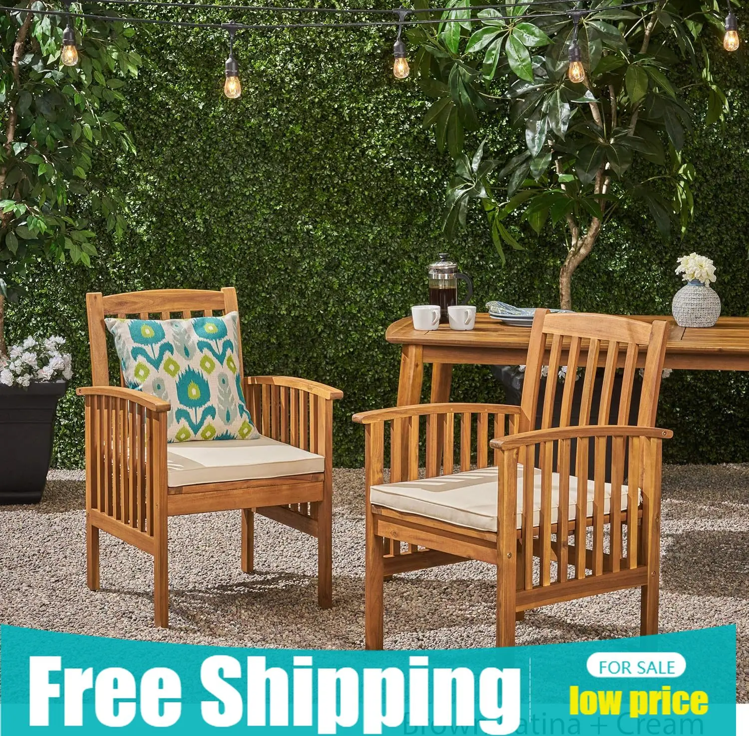 

Стильные и выгодные по цене обеденные стулья для патио Phoenix из акации, из древесины акации с уличными подушками, коричневая патина и кремовый цвет (комплект)