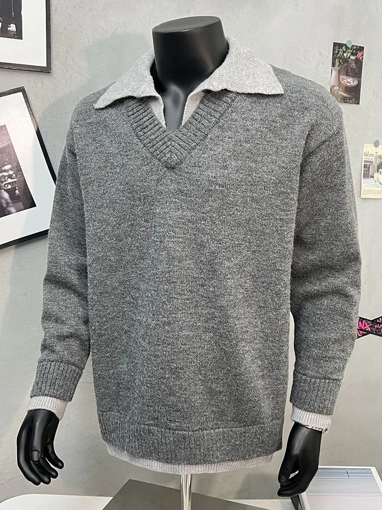 

Мужской свитер в американском ретро-стиле с V-образным вырезом, зимний, с отложным воротником, свободного кроя, удобный, из полиэфирного волокна