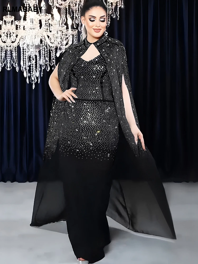 RLMABABY Seksowna Sukienka z Diamentami, Dwuczęściowy Zestaw Damski, Sukienka Bodycon na Cienkich Ramiączkach z Odkrytymi Plecami i Przezroczysta Peleryna, Pasujące Komplety Sukienek