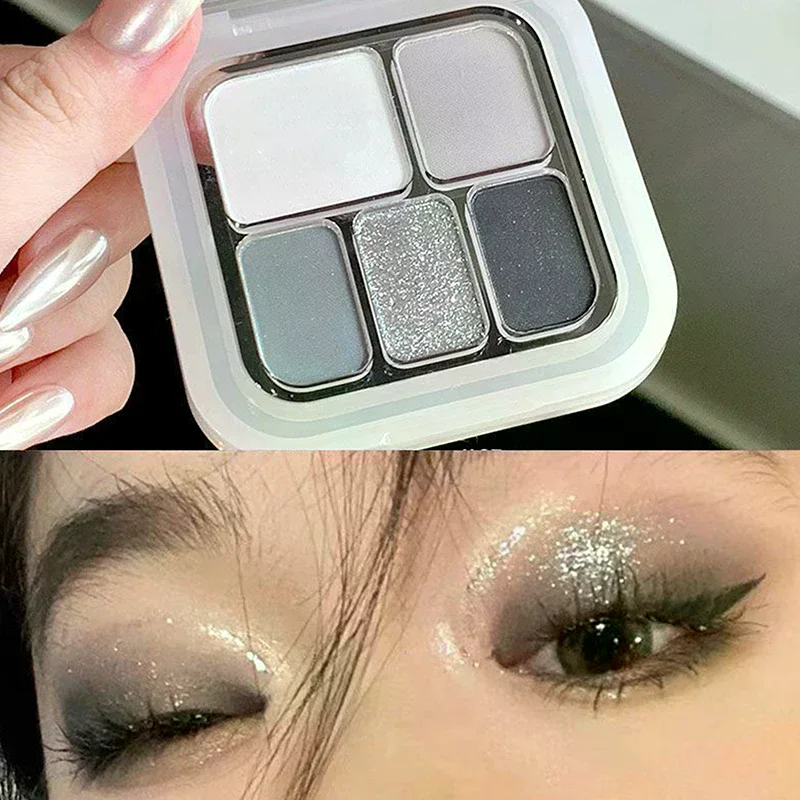 

5-Color Punk Smokey Eye Makeup Eyeshadow Palette Silvery White Cement Gray Dark Black Matte & Shimmer Lasting Party Makeup
