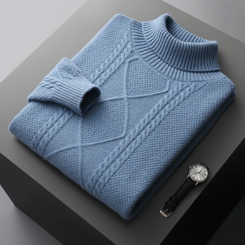 Autumn/Winter Men's 100% Pure Wool Pullover Business Casual Solid Knitted Sweater Loose High Collar Tops Basic Thick Warm Jumper