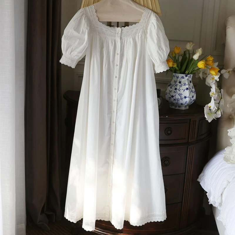 Victorian White Night Dress Women Summer Pure Cotton Short Sleeve Long Peignoir Vintage Nightgown Sleepwear Princess Nightwear