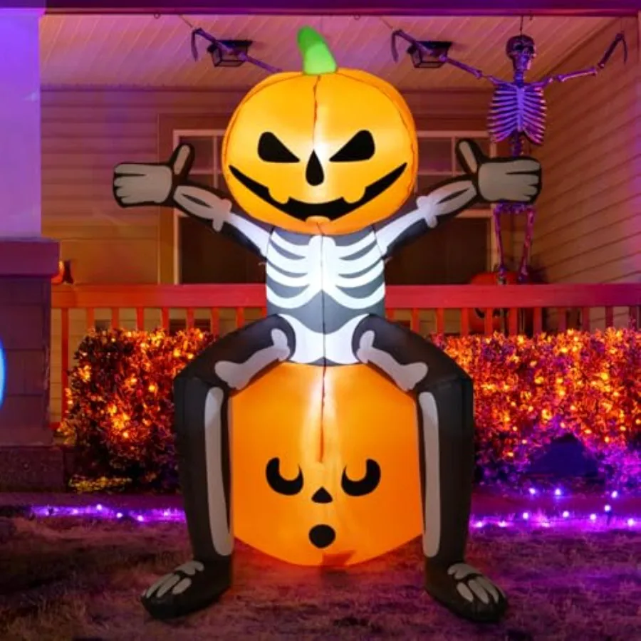 

Halloween Inflatables 5FT Skull Skeleton Pumpkin Head with Built-in LEDs Blow Up Yard Decoration for Holiday Party Indoor Outdo
