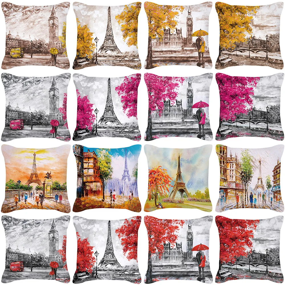Cushion Cover Paris London City Landscape Oil Painting Pillow  Red Couple   Linen