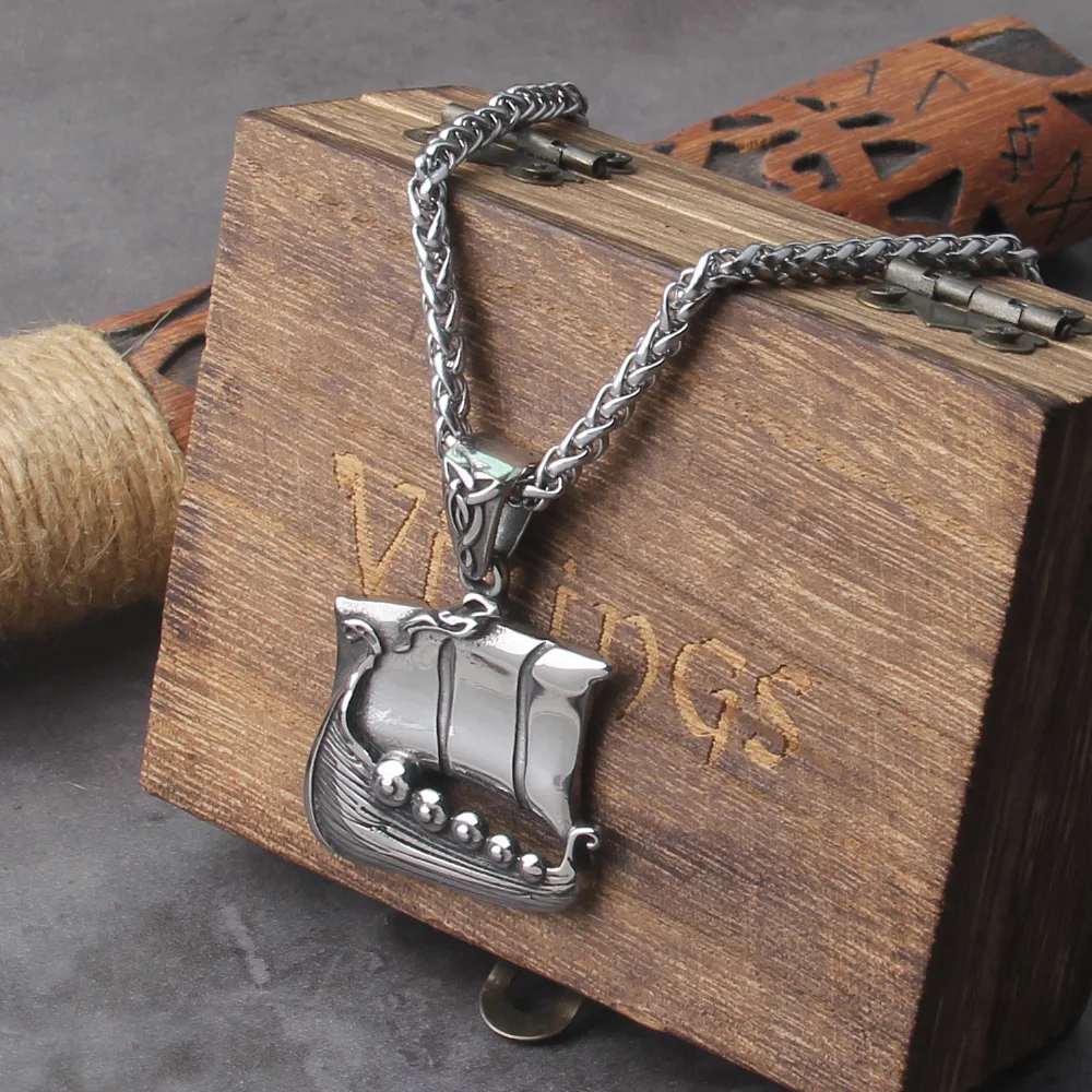 Men's Stainless Steel Vintage Viking Road Sign Guide Odin Rune Needle Dragon Boat Necklace Charm Pendant Viking Jewelry Gift