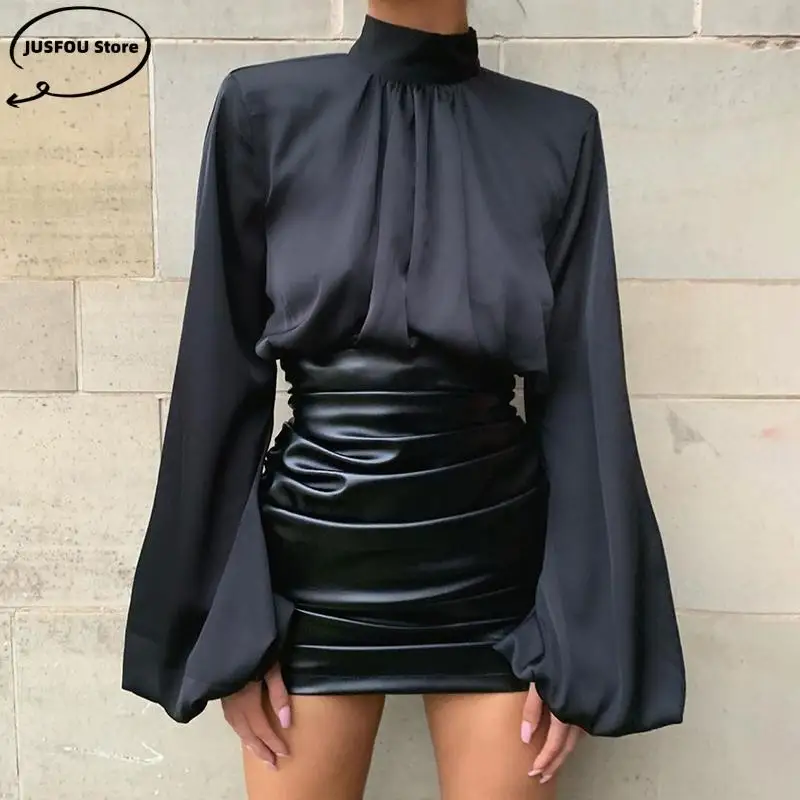 

2022 Fashion Lantern Sleeve Blouse Sexy Solid Ruched Cropped Elastic Shirt Hight Neck Satin Top Black Leather Skirt Elegant Suit