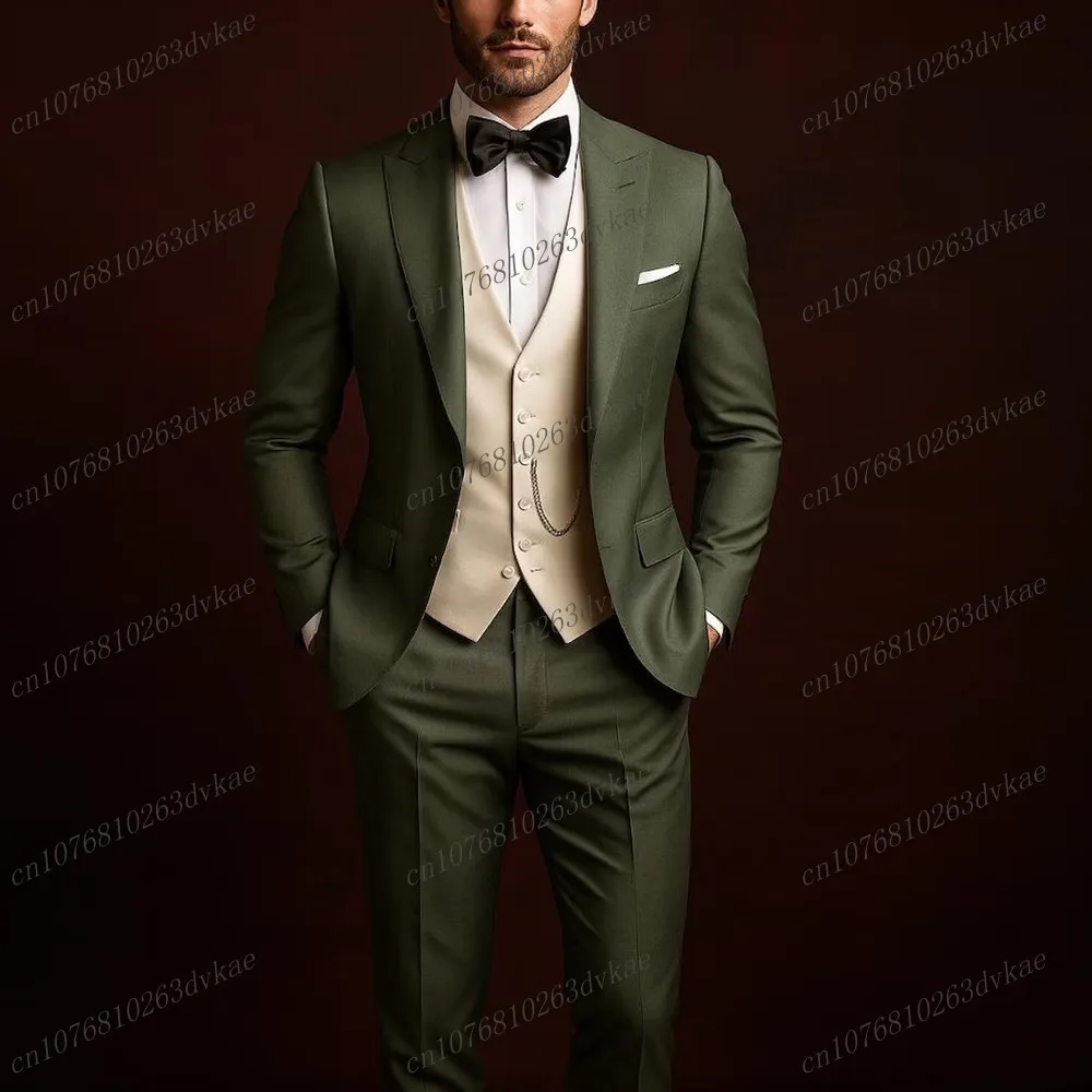 

Army Green And Beige Formal Business Men Suit Groom Groomsman Wedding Party Prom Male Tuxedos 3 Piece Set Blazer Vest Pants