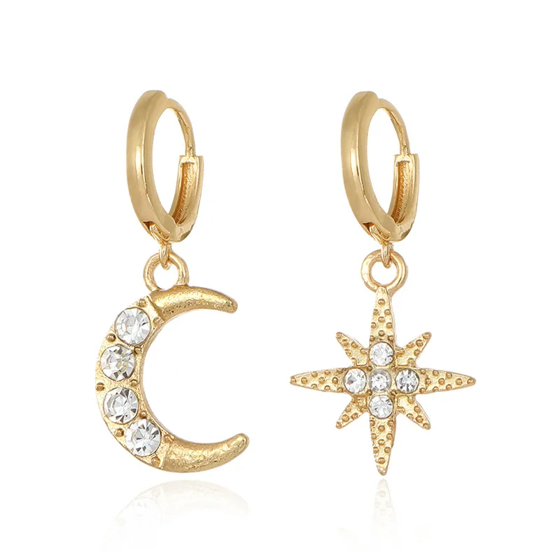 

Eight-Pointed Star Asymmetrical Earrings For Women With Diamond Stars And Moon Eardrop Designer Jewelry Gift