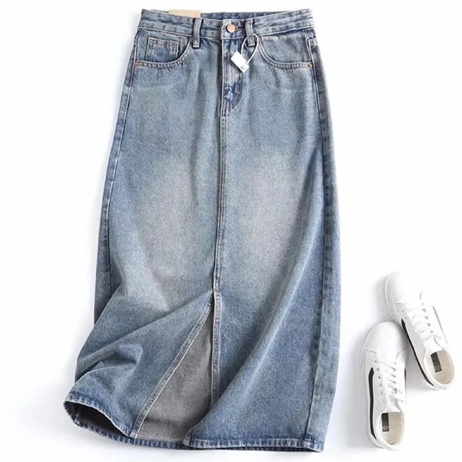 

Withered England Style High Street Retro Washed Blue High Waist A-line Denim Skirt Women Forking Midi Skirt