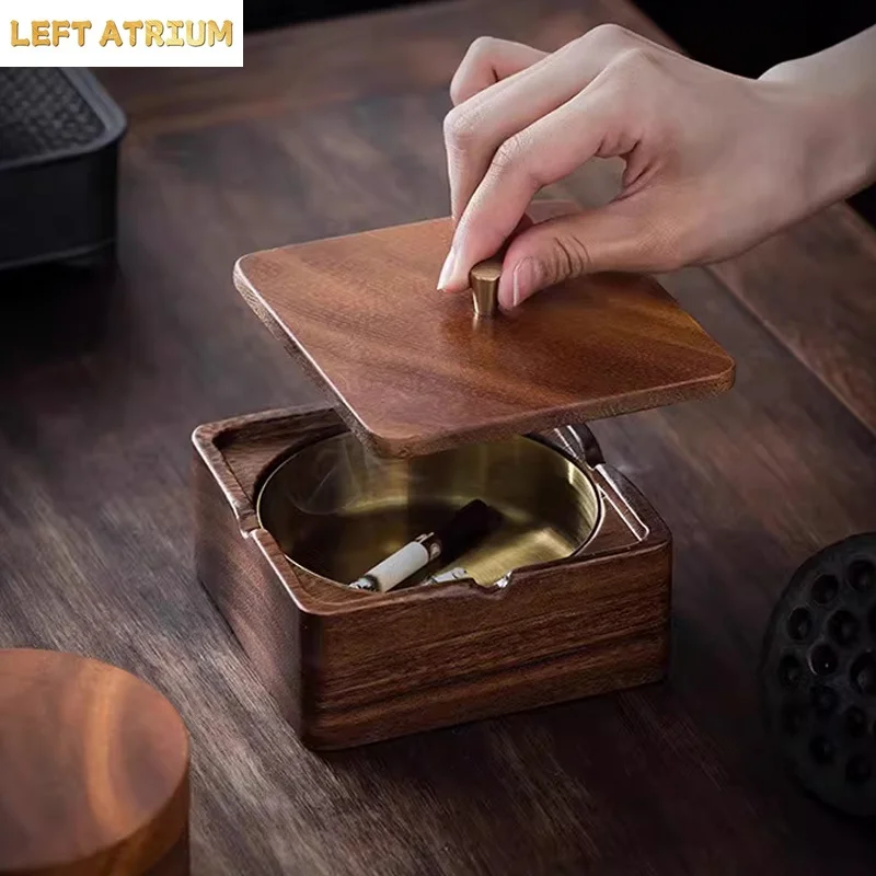 Nordic Walnut Solid Wood Covered Ashtray Home Living Room Office Desktop Hotel Decoration, Creative Stainless Steel Ashtray, 1Pc