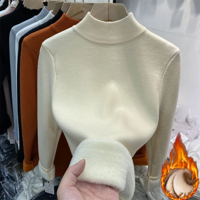 

2025 Turtleneck Sweater Women's Winter Warm Knit Pullover Casual Slim Thicken Plush Lined Knitwear Jumper Solid Long Sleeve Tops