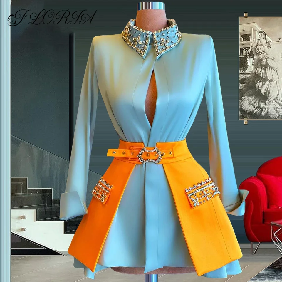 Long Sleeves Two-piece Set Crystal Prom Dress Sky Blue Blouse Shirt and Yellow Waist Belt Skirt Mini Length Cocktail Dresses