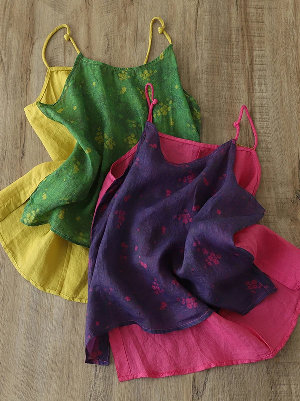 

Retro Cotton Linen Patchwork Print Slimming Summer New Style Artistic Large Size Women's Base Shirt Vest Casual Loose Fit