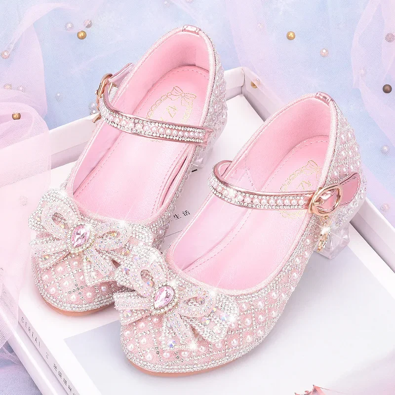 Spring Girls\' High Heels Silver Rhinestone Pearl Princess Shoes Children\'s Leather Shoes Kids Crystal Performance Shoes