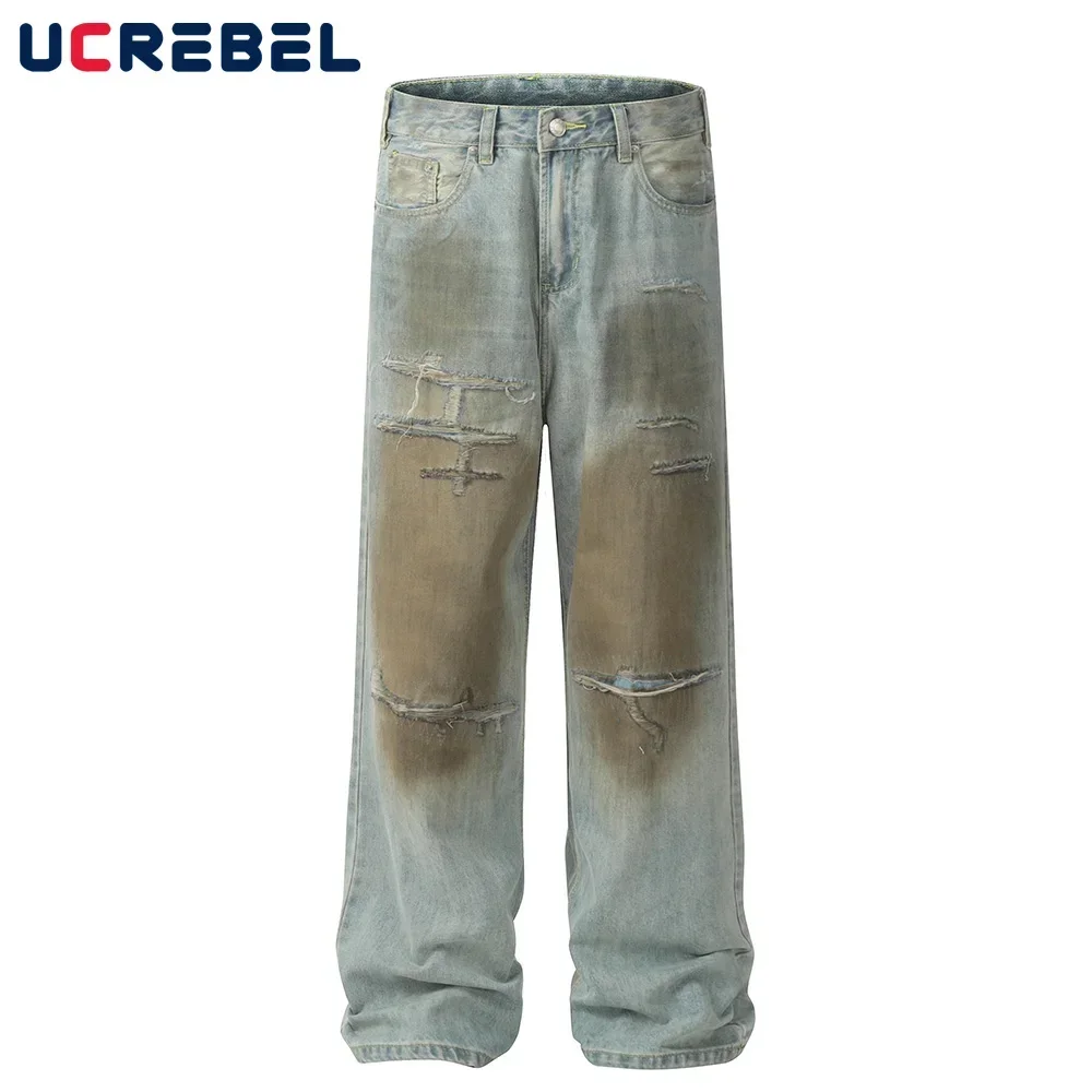 

Ripped Dirty Wash Denim Pants Mens Pocket High Street Straight Loose Wide Leg Beggar Jeans Men Trousers