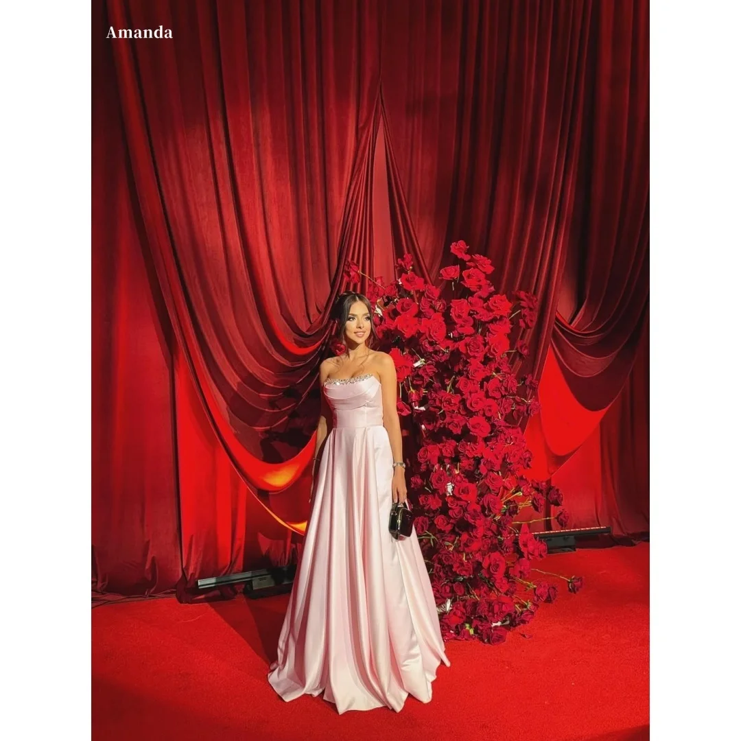 

Розовое блестящее платье для выпускного вечера Amanda по индивидуальному заказу, без бретелек, с открытой спиной, без рукавов, длиной до пола, атласное вечернее платье 2025